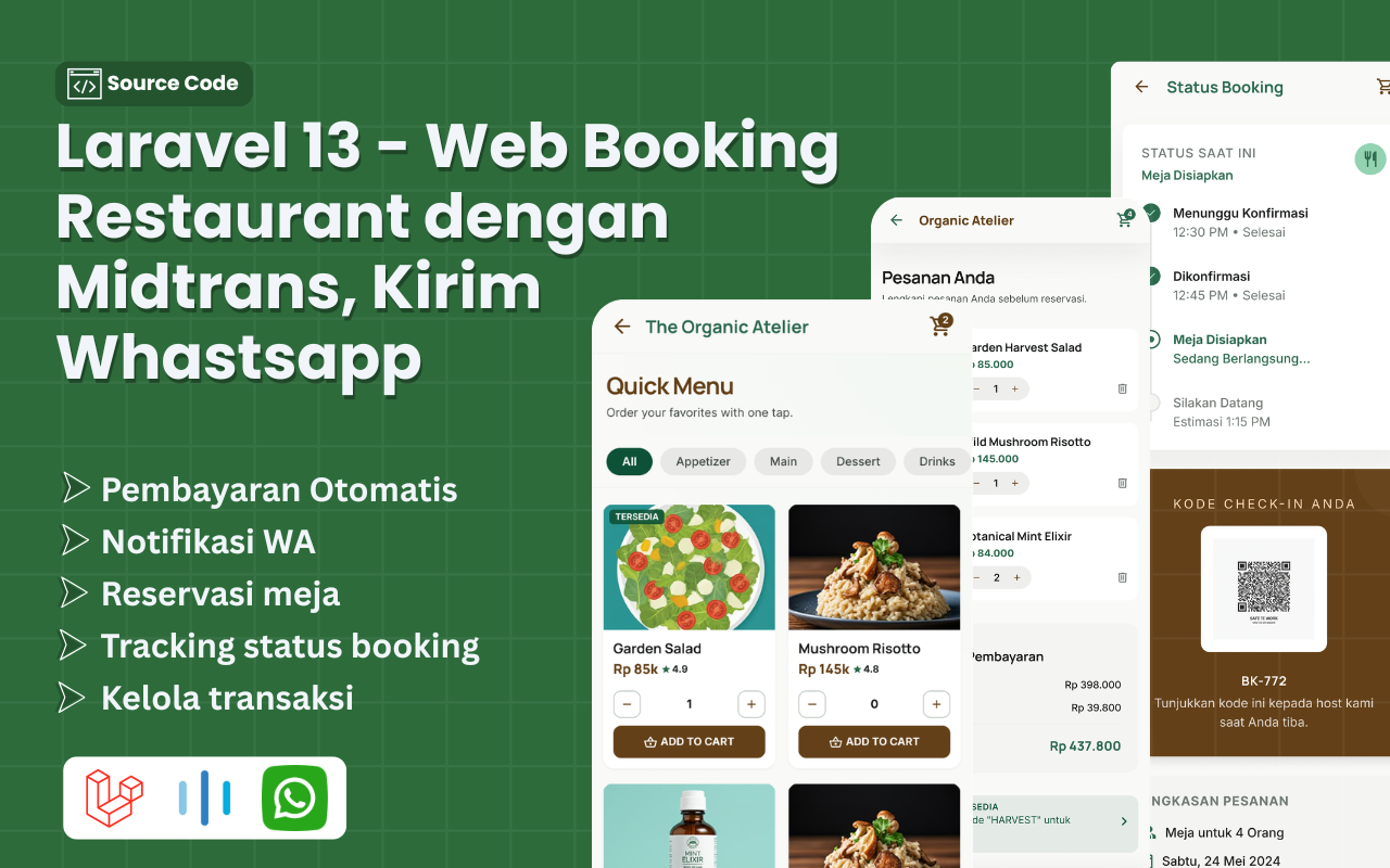 Preview source code Laravel 13 web booking restaurant dengan Midtrans dan WhatsApp