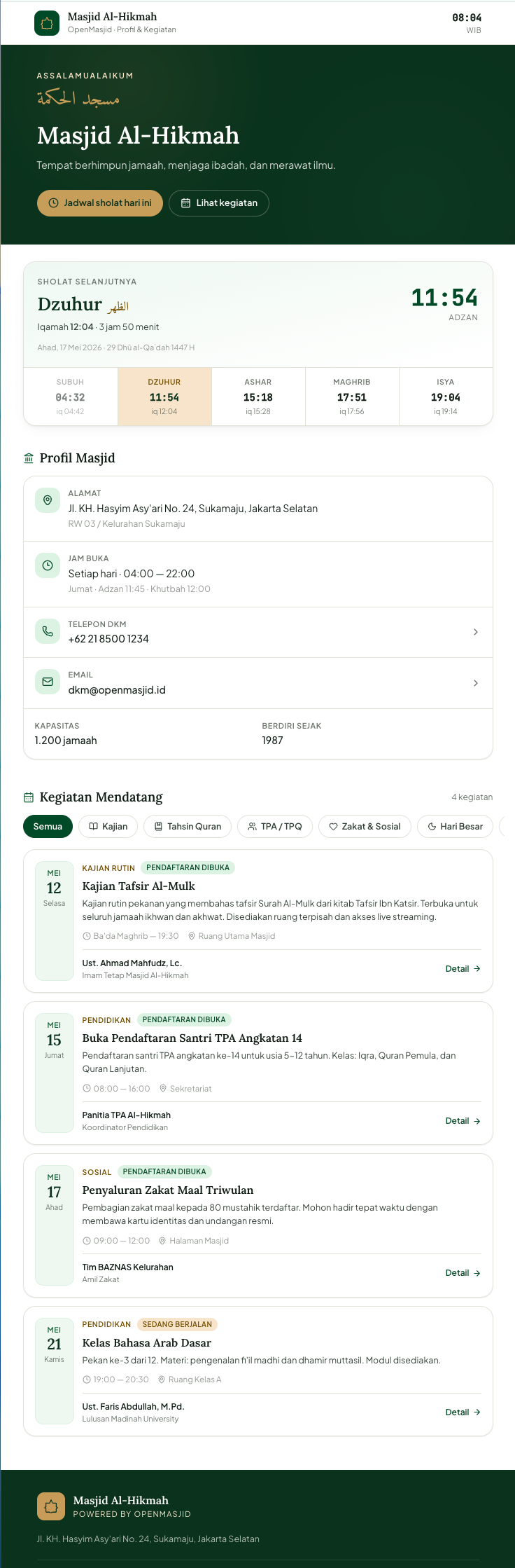Portal jamaah OpenMasjid menampilkan profil masjid, jadwal solat, dan kegiatan