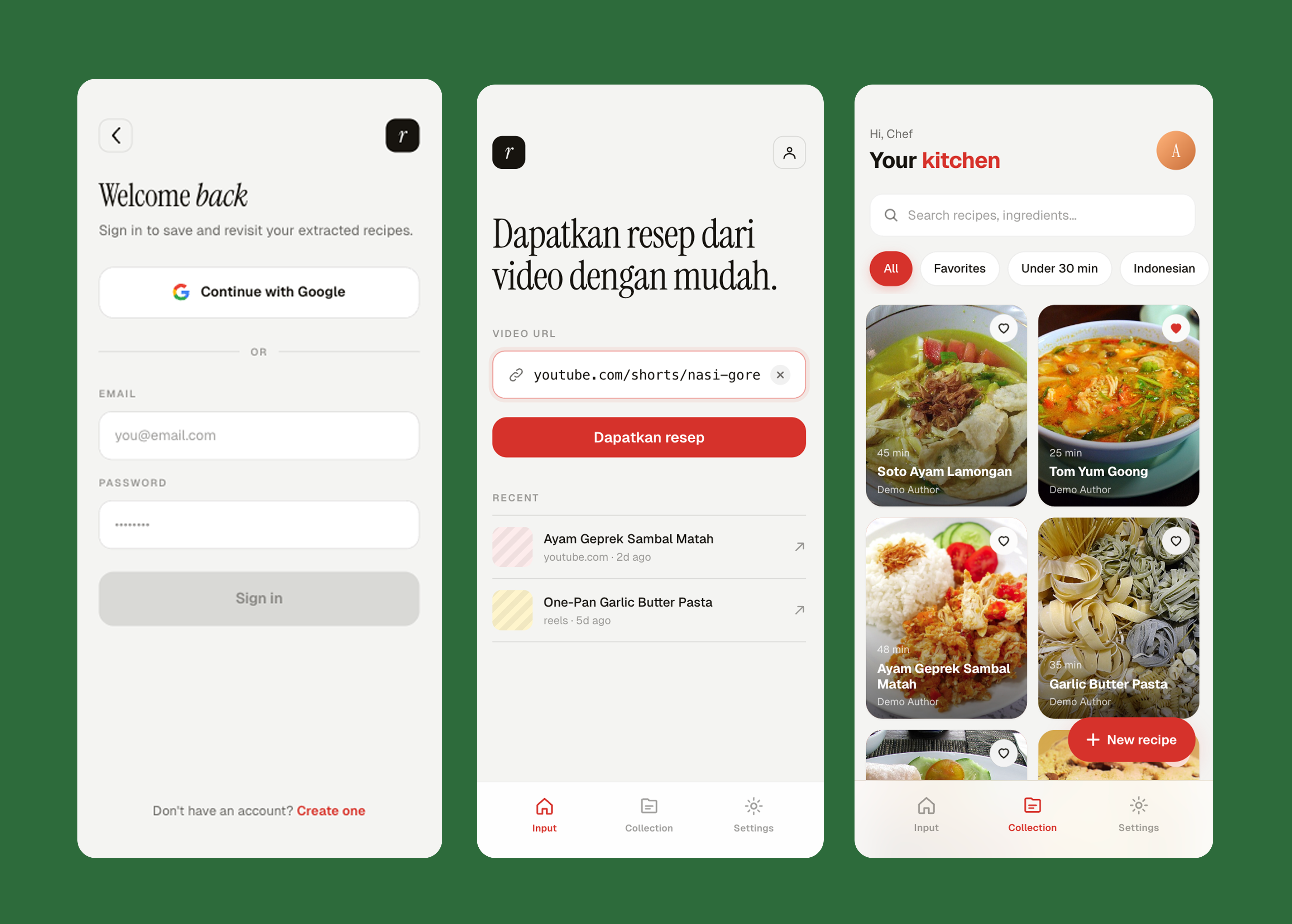 Tampilan aplikasi VidRecipe: halaman login, input URL video TikTok untuk ekstrak resep, dan koleksi resep di Your Kitchen