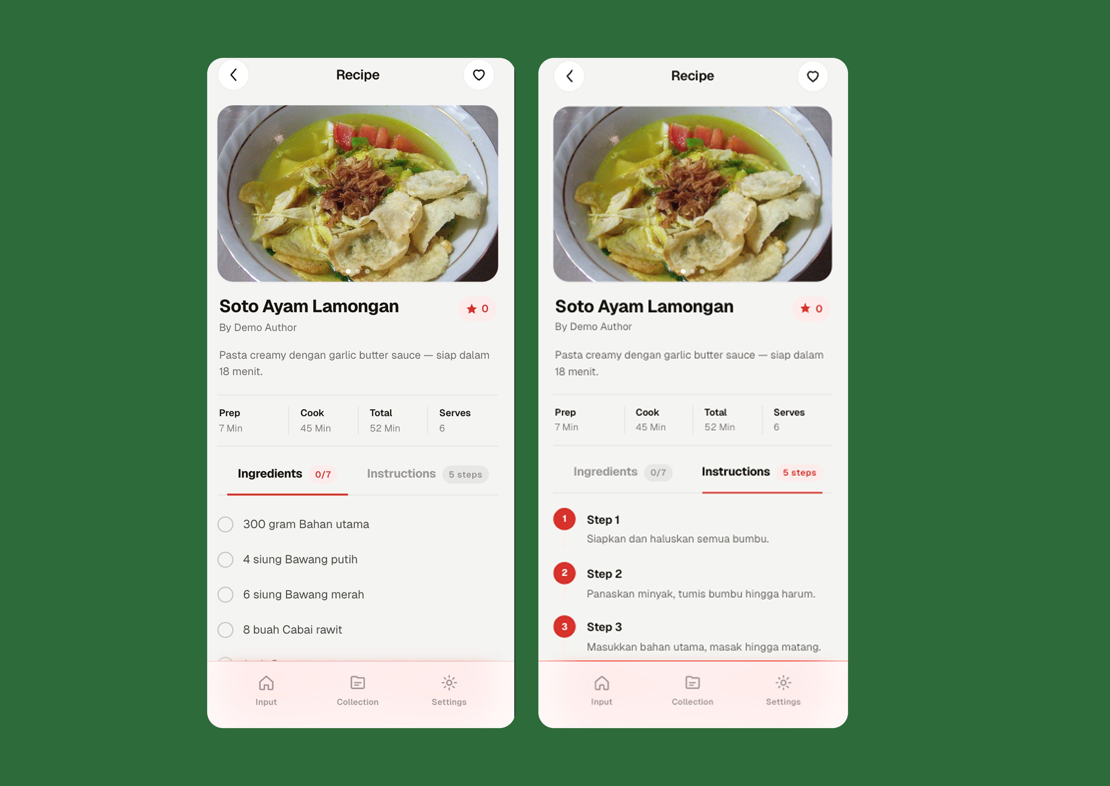 Detail resep Soto Ayam Lamongan di VidRecipe dengan tab Ingredients berisi daftar bahan dan tab Instructions berisi langkah memasak