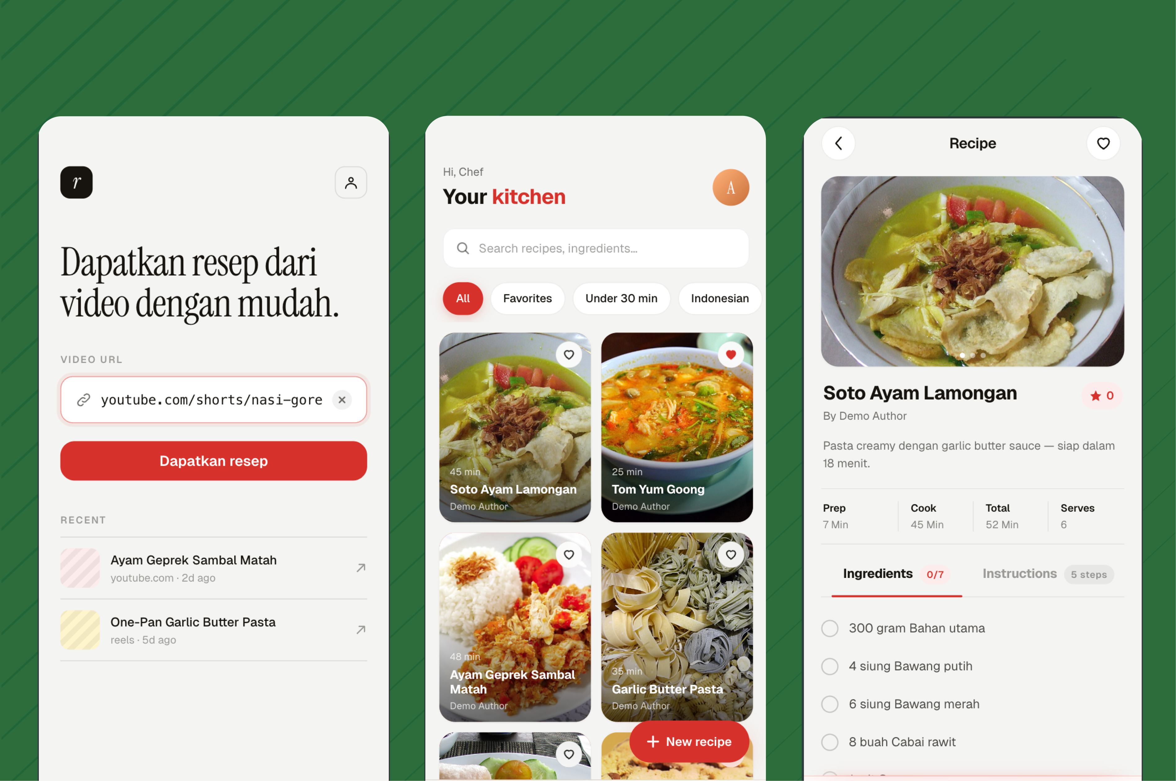 Preview aplikasi VidRecipe: ubah short video masak menjadi resep terstruktur lengkap dengan bahan dan langkah memasak